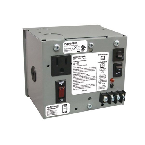 Functional Devices PSH40AB10 : Single 40 VA Power Supply, 120 Vac to 24 Vac, UL Class 2, 10 Amp Main Breaker, Metal Enclosure