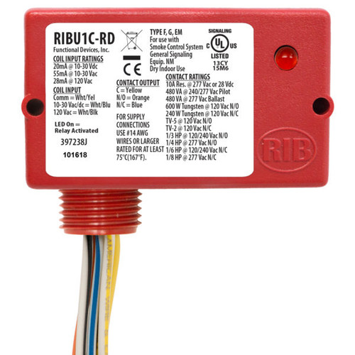 Functional Devices RIBU1C-RD : Pilot Relay, 10 Amp SPDT, 10-30 Vac/dc/120 Vac Coil, Red Housing