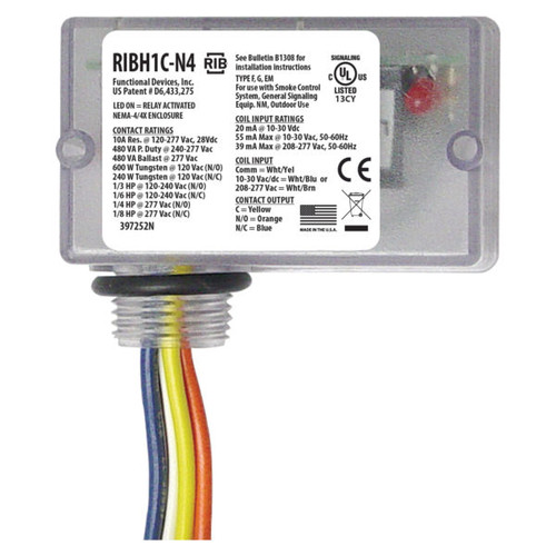 Functional Devices RIBH1C-N4 : Pilot Relay, 10 Amp SPDT, 10-30 Vac/dc/208-277 Vac Coil, NEMA 4X Clear Housing