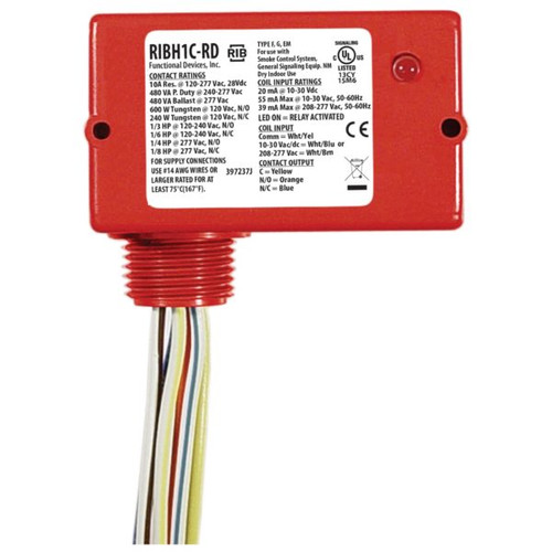 Functional Devices RIBH1C-RD : Pilot Relay, 10 Amp SPDT, 10-30 Vac/dc/208-277 Vac Coil, Red Housing