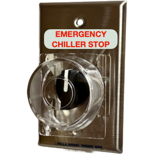 Pilla WPSP3CLMSL-Chiller Stop : Wall Plate Operator Station, Three Position Selector Switch, Maintained All Positions, Short Lever, "Emergency Chiller Stop", Clear Protective Cover, NEMA 1 (Indoor) Rated, Fits 1-3 Contact Blocks, UL Listed
