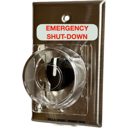 Pilla WPSP3CLMSL-Emergency Shut-Down : Wall Plate Operator Station, Three Position Selector Switch, Maintained All Positions, Short Lever, "Emergency Shut-Down", Clear Protective Cover, NEMA 1 (Indoor) Rated, Fits 1-3 Contact Blocks, UL Listed