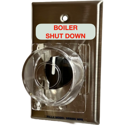 Pilla WPSP3CLMSL-Boiler Shut-Down : Wall Plate Operator Station, Three Position Selector Switch, Maintained All Positions, Short Lever, "Boiler Shut-Down", Clear Protective Cover, NEMA 1 (Indoor) Rated, Fits 1-3 Contact Blocks, UL Listed