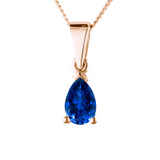 rose gold necklace with pear cut blue sapphire