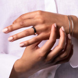 Woman Wearing 4mm Silver Memorial Band Ring With Ashes or Hair