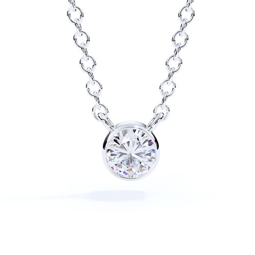 Brilliant-cut diamond in a rubover setting on a silver chain, front view.