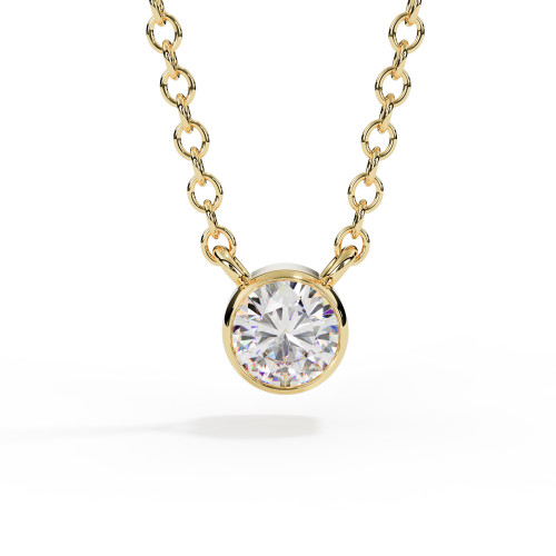 Brilliant-cut diamond in a rubover setting on a yellow gold chain, front view.