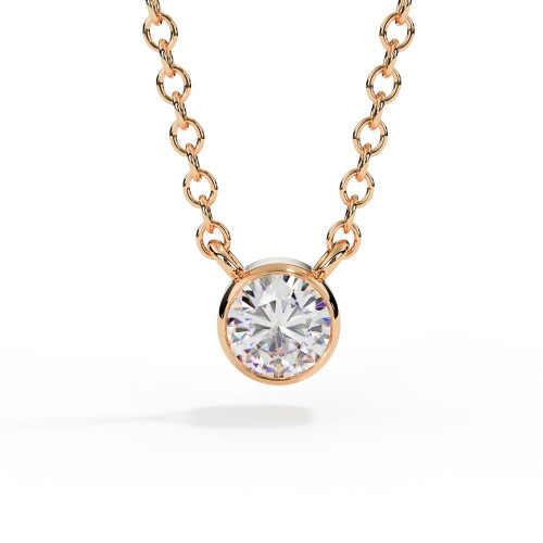 Brilliant-cut diamond in a rubover setting on a rose gold chain, front view.