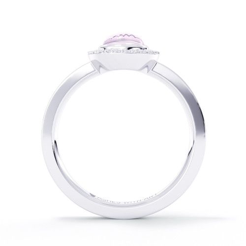 pink fused glass cremation ashes gemstone with diamond halo in platinum
