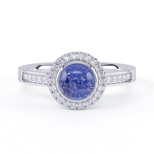 diamond halo with fused glass ashes ring in white gold