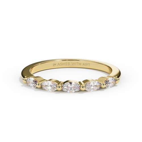 Marquise Eternity Memorial Diamond Ring in yellow gold, featuring five sparkling east-west set marquise-cut diamonds across the band.