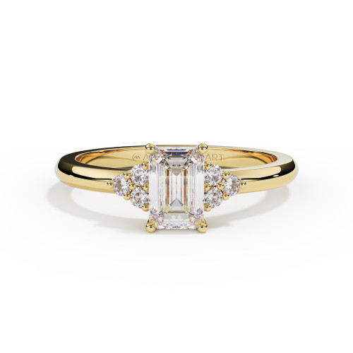 diamond emerald cut and side cluster ring in  yellow gold with memorial ashes or hair chamber