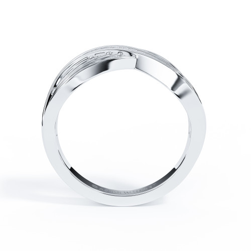 Side profile of a platinum ashes diamond memorial ring with flowing band detail