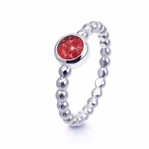 Silver Beaded Bubble Memorial Ring With Red Glass Cremation Ashes Gemstone