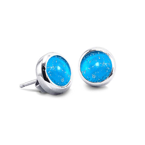 Silver Memorial Earrings with Visible Ashes in Glass Turquoise Blue Gemstones