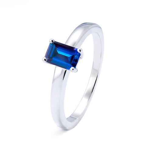 sterling silver memorial ring with emerald cut blue sapphire