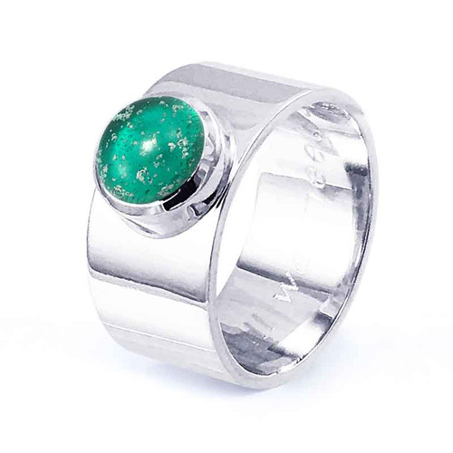 Green Glass Gemstone with Ashes inside on Silver Memorial Ring With Wide Band