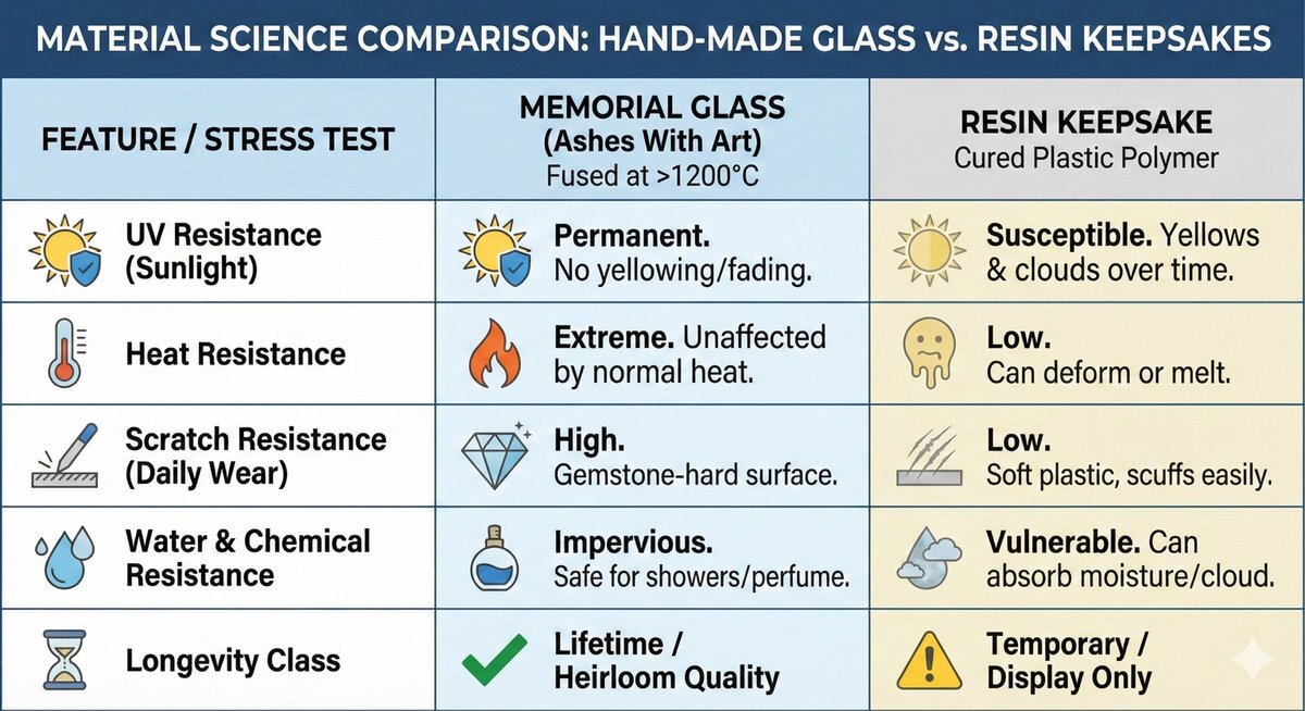 Material science comparison chart showing UV resistance, heat resistance, scratch resistance, water resistance and longevity differences between kiln-fired glass and resin keepsakes