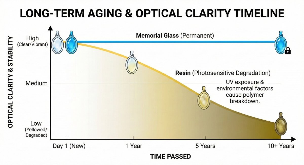 Long-term ageing and optical clarity comparison between kiln-fired memorial glass and resin jewellery