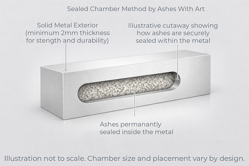 Cutaway diagram showing how ashes are permanently sealed inside solid precious metal in sealed chamber memorial jewellery