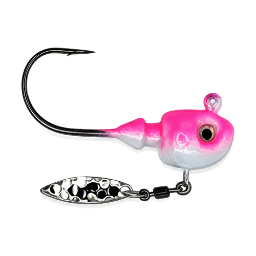 Big Sky White Pink Splash Hecla Hammer jig on white background showing bright white and pink color pattern with baitfish profile