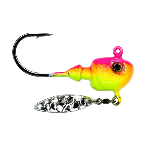Big Sky Lemon Pink Splash Hecla Hammer jig on white background showing bright lemon and pink color pattern with baitfish profile