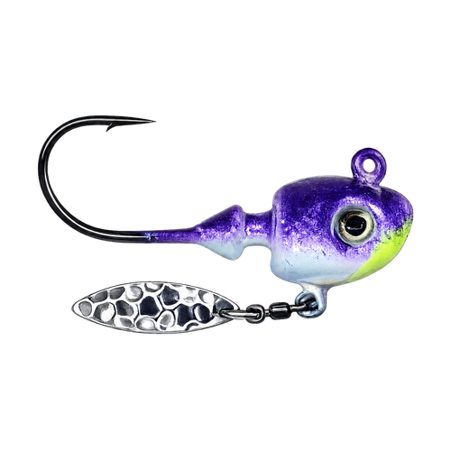 White Purple Splash Big Sky Jigs Hecla Hammer jigs shown in a clean product layout, highlighting the white-and-purple color pattern, flash blade, 3D eyes, and big-water baitfish profile.