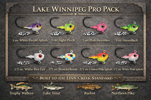 Lake Winnipeg Pro Pack color guide showing a focused Big Sky Jigs Hecla Hammer selection for Hecla Island, current, and walleye fishing