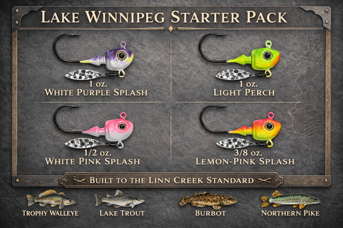 Lake Winnipeg Starter Pack color guide showing a simple Big Sky Jigs Hecla Hammer selection for Hecla Island and walleye fishing