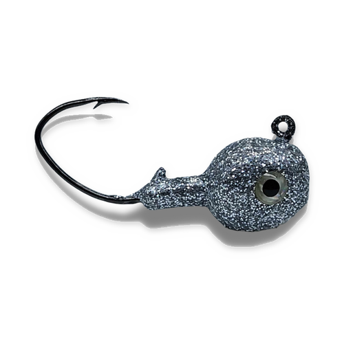 Silver Bullet 1/4 oz walleye jig with reflective silver-flake finish, prominent eye and black Eagle Claw Lil Nasty hook