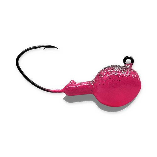 Pink / Silver Splash 1/4 oz walleye jig with hot-pink body, reflective silver accents and black Eagle Claw Lil Nasty hook