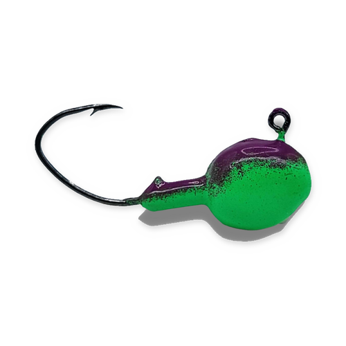 Purple Purple 1/4 oz walleye jig with deep-purple back, vivid green lower half and black Eagle Claw Lil Nasty hook