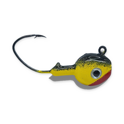 Upper Cut 1/4 oz walleye jig with black back, vivid yellow body, red lower accent, prominent eye and black Eagle Claw Lil Nasty hook