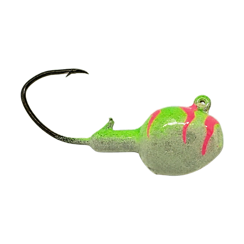 Deluxe Walleye Lime Tiger 1/4 oz jig with lime-green top, glow body, hot-pink tiger markings and Eagle Claw Little Nasty hook