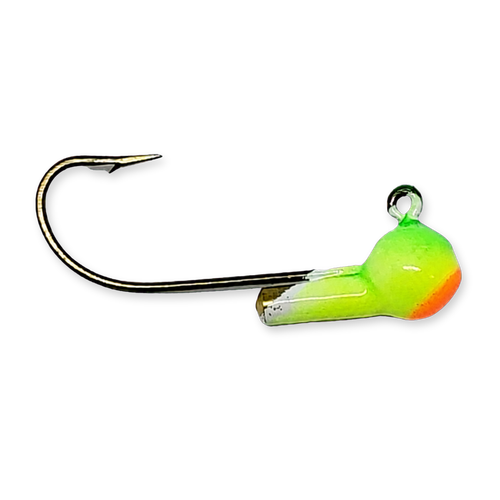 Rock & Roll Ball Rattle Perch jig with green, chartreuse and orange Kryptonite Glow finish, built-in brass rattle and Eagle Claw hook