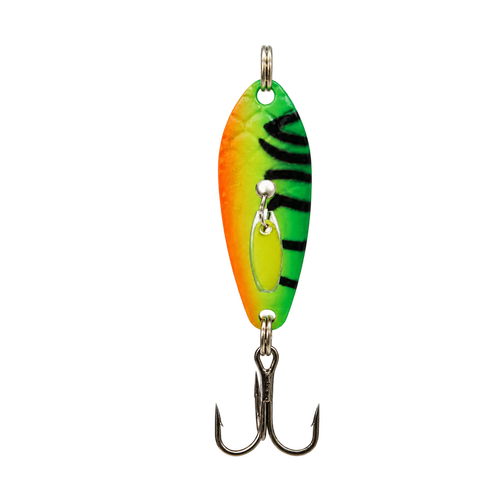 Fire Tiger Compac Platinum Clacker Spoon with green, orange, and black striped finish, chartreuse clacker blade, and black nickel BKK treble hook