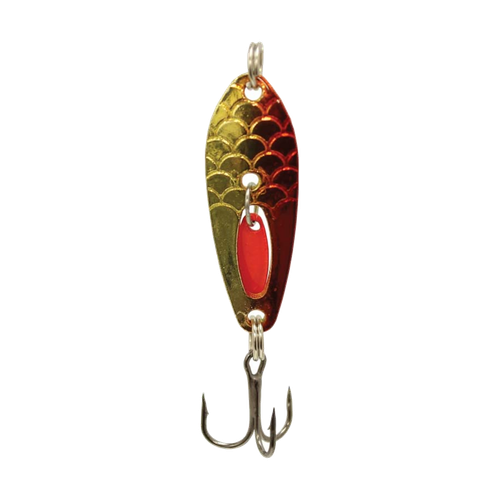 Gold Red Compac Platinum Clacker Spoon with two-tone reflective scaled finish, red clacker blade, and black nickel high-carbon BKK treble hook