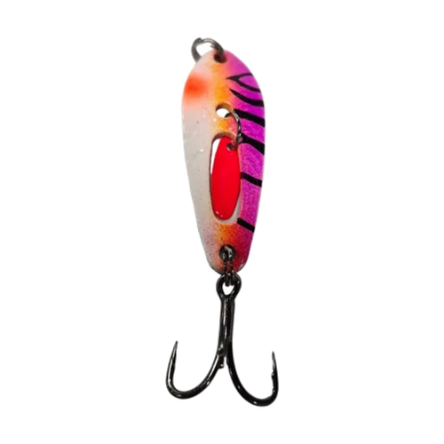 Purple Tiger Compac Platinum Clacker Spoon with purple and black tiger-striped finish, glow section, red clacker blade, and black nickel BKK treble hook