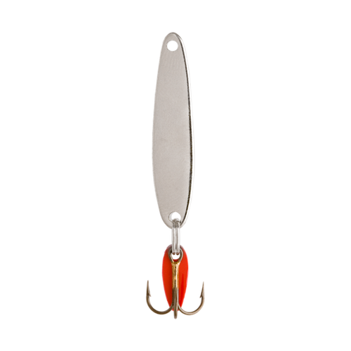 Nickel Swedish Pimple jigging spoon with red flipper and treble hook