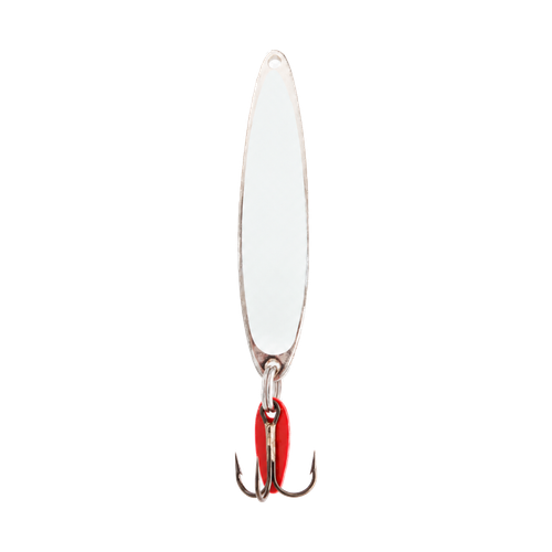 Luminous Swedish Pimple jigging spoon with glow center panel, red flipper, and treble hook