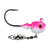 Big Sky White Pink Splash Hecla Hammer jig on white background showing bright white and pink color pattern with baitfish profile