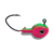 Watermelon 1/4 oz walleye jig with bright green and hot-pink finish, prominent eye and black Eagle Claw Lil Nasty hook