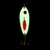 Glow Ghost Compac Platinum Clacker Spoon glowing green on a black background with red clacker blade and black nickel BKK treble hook