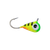 Tungsten 4 Anglers Fire Tiger tungsten jig with a chartreuse body, green head, black tiger stripes, and orange belly.