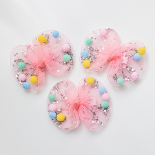 Mesh Sequin Pom Pom Bow - Pink: Clip