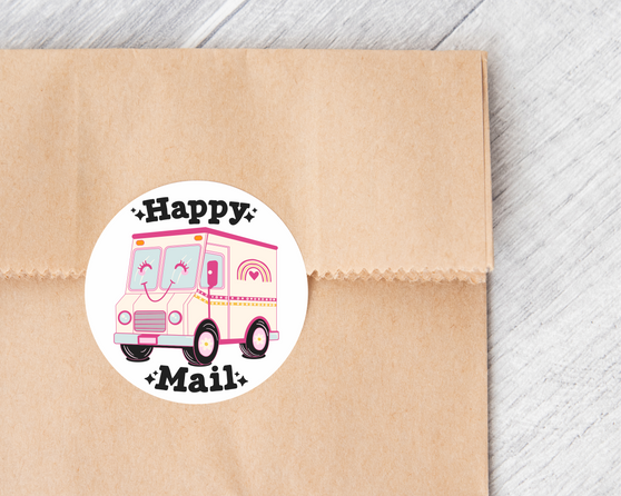 Happy Mail Truck Round Vinyl Stickers Envelope Packaging Seals