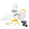Complete pump kit including pump unit, 21mm and 24mm breast shields, connectors, bottles, and power adapter