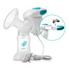 Mother using Evenflo Advanced single electric breast pump at home while nursing on opposite side