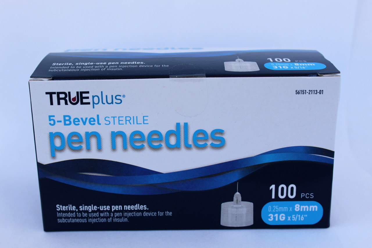 Trividia Health TRUEplus 5-Bevel Sterile, Single-Use Pen Needles, 31G, 8mm (5/16 inch) - 100 Box