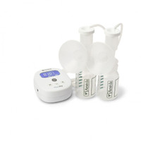 Close-up of Ameda Mya Joy PLUS breast pump 132A05 showing compact size, control panel, and wrist lanyard